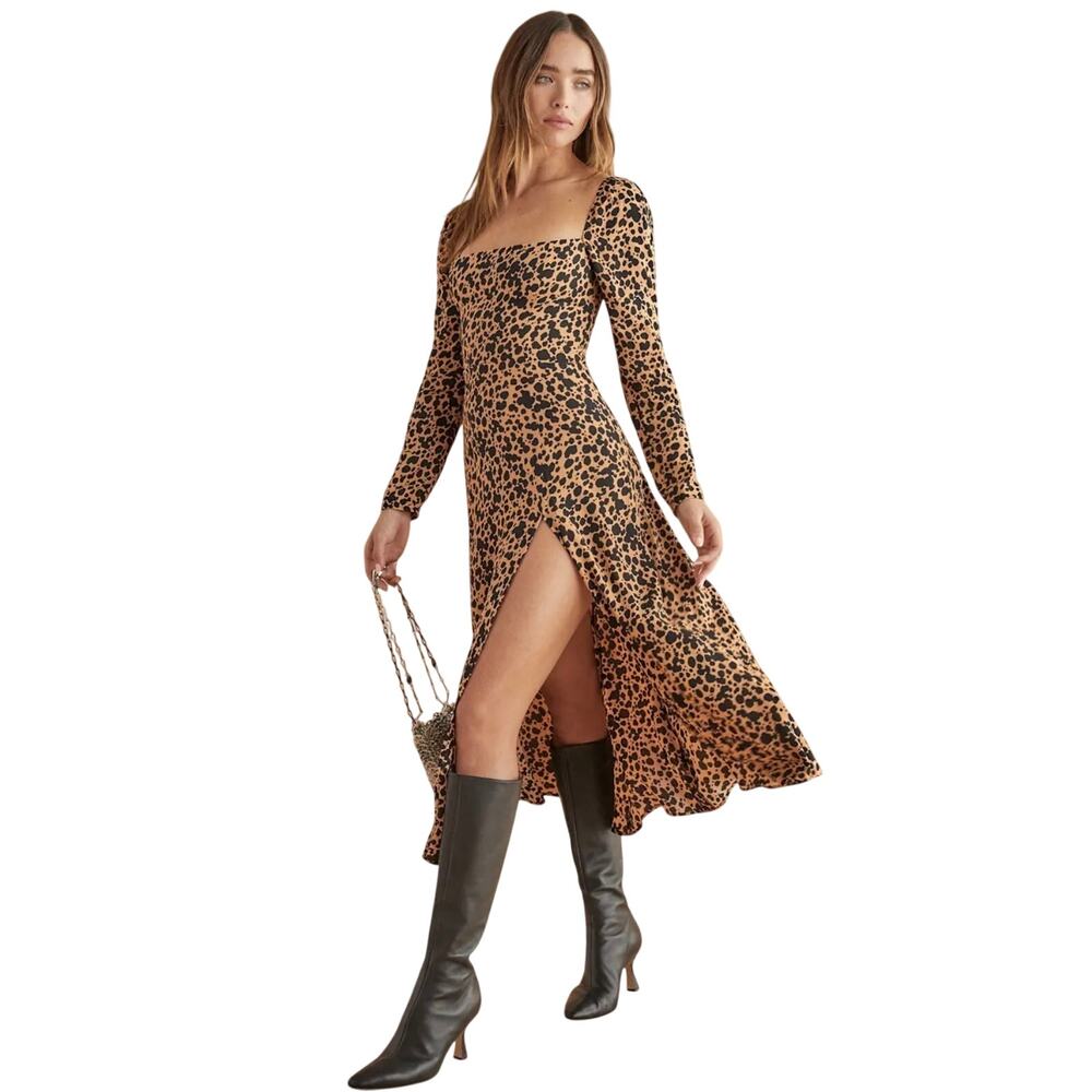 Reformation Sigmund Dress Black & Brown Animal print Square Neckline size 2